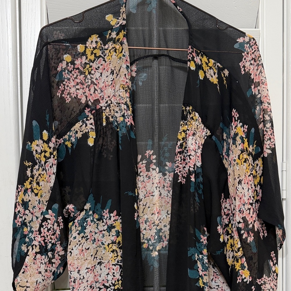 Maurices black floral long kimono swimsuit cover-up duster - Picture 9 of 10